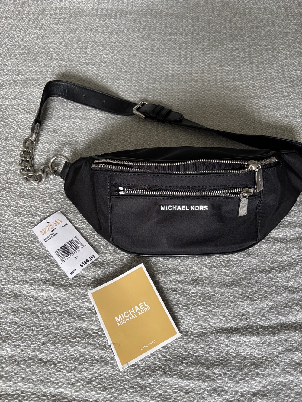 NWT Michael Kors Bk cross body Nylon Bag w/Silver chain-accent Fanny pack unisex